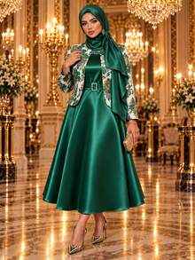 Auveirra Plus Size Women's Colorblock Dress And Floral Print Cardigan Casual Daily 2-Piece Set - Green - View 1