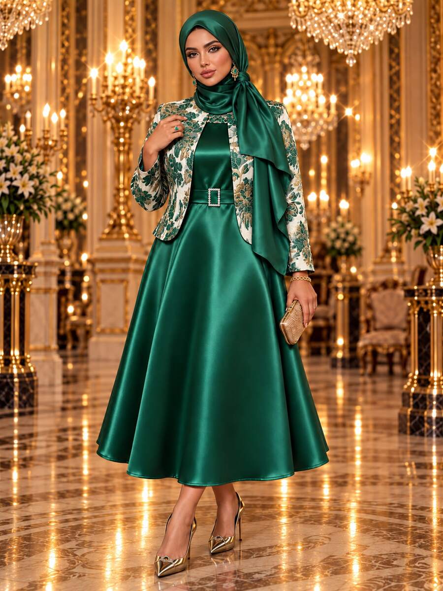 Auveirra Plus Size Women's Colorblock Dress And Floral Print Cardigan Casual Daily 2-Piece Set - Green - View 1