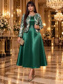 Auveirra Plus Size Women's Colorblock Dress And Floral Print Cardigan Casual Daily 2-Piece Set - Green - View 4