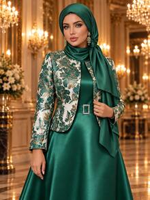 Auveirra Plus Size Women's Colorblock Dress And Floral Print Cardigan Casual Daily 2-Piece Set - Green - View 7