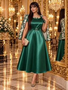 Auveirra Plus Size Women's Colorblock Dress And Floral Print Cardigan Casual Daily 2-Piece Set - Green - View 3