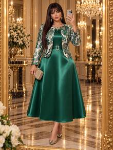 Auveirra Plus Size Women's Colorblock Dress And Floral Print Cardigan Casual Daily 2-Piece Set - Green - View 6