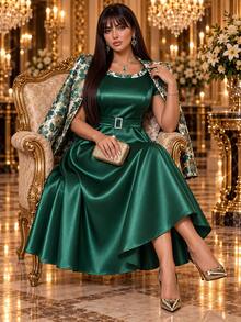 Auveirra Plus Size Women's Colorblock Dress And Floral Print Cardigan Casual Daily 2-Piece Set - Green - View 5