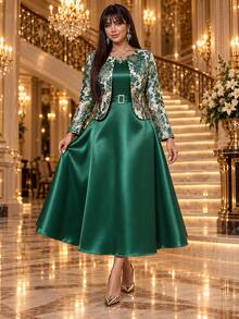 Auveirra Plus Size Women's Colorblock Dress And Floral Print Cardigan Casual Daily 2-Piece Set - Green - View 8