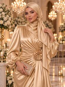 Auveirra Plus Size Women's Solid Color Overlap V-Neck Lantern Sleeve 3D Floral Decor Elegant Dress - Champagne - View 10