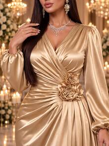 Auveirra Plus Size Women's Solid Color Overlap V-Neck Lantern Sleeve 3D Floral Decor Elegant Dress - Champagne - View 3
