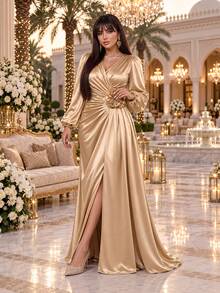Auveirra Plus Size Women's Solid Color Overlap V-Neck Lantern Sleeve 3D Floral Decor Elegant Dress - Champagne - View 5