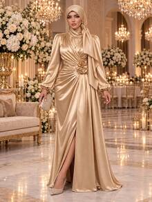 Auveirra Plus Size Women's Solid Color Overlap V-Neck Lantern Sleeve 3D Floral Decor Elegant Dress - Champagne - View 9