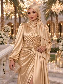 Auveirra Plus Size Women's Solid Color Overlap V-Neck Lantern Sleeve 3D Floral Decor Elegant Dress - Champagne - View 8