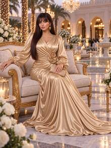 Auveirra Plus Size Women's Solid Color Overlap V-Neck Lantern Sleeve 3D Floral Decor Elegant Dress - Champagne - View 4