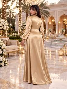 Auveirra Plus Size Women's Solid Color Overlap V-Neck Lantern Sleeve 3D Floral Decor Elegant Dress - Champagne - View 2