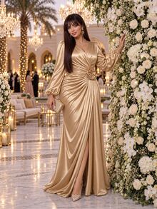Auveirra Plus Size Women's Solid Color Overlap V-Neck Lantern Sleeve 3D Floral Decor Elegant Dress - Champagne - View 7