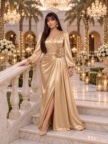 Auveirra Plus Size Women's Solid Color Overlap V-Neck Lantern Sleeve 3D Floral Decor Elegant Dress - Champagne - View 1