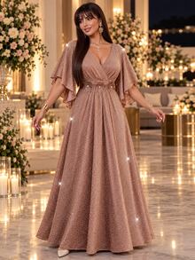 Auveirra Plus Size Women's Elegant Dress With 3D Floral Decor And Shiny Bell Sleeves - Pink - View 6