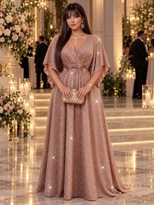 Auveirra Plus Size Women's Elegant Dress With 3D Floral Decor And Shiny Bell Sleeves - Pink - View 1