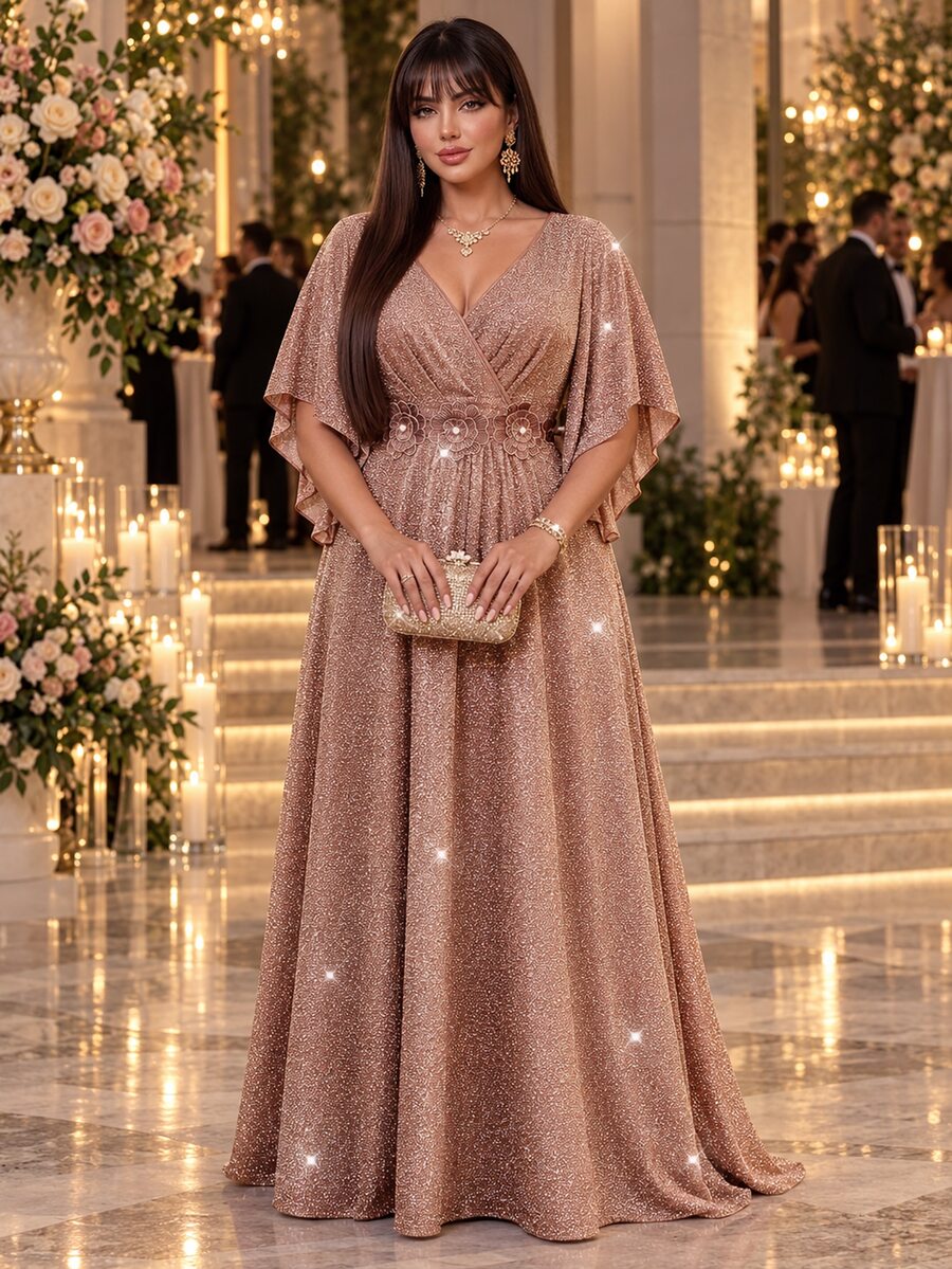 Auveirra Plus Size Women's Elegant Dress With 3D Floral Decor And Shiny Bell Sleeves - Pink - View 1