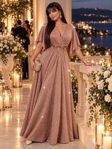 Auveirra Plus Size Women's Elegant Dress With 3D Floral Decor And Shiny Bell Sleeves - Pink - View 5