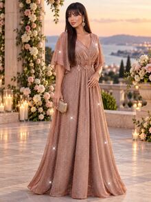 Auveirra Plus Size Women's Elegant Dress With 3D Floral Decor And Shiny Bell Sleeves - Pink - View 7