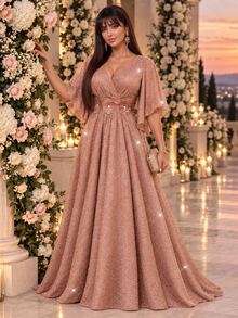 Auveirra Plus Size Women's Elegant Dress With 3D Floral Decor And Shiny Bell Sleeves - Pink - View 4