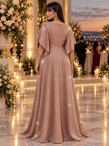 Auveirra Plus Size Women's Elegant Dress With 3D Floral Decor And Shiny Bell Sleeves - Pink - View 2