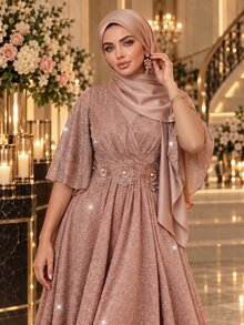 Auveirra Plus Size Women's Elegant Dress With 3D Floral Decor And Shiny Bell Sleeves - Pink - View 3