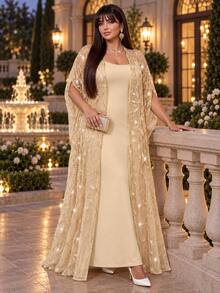 Auveirra Plus Size Elegant Party Sequin Embroidered Mesh Long Robe Dress 2 Pieces Set Elegant Long Party Dress Wedding Guest Dress Luxury Evening Dresses - Gold - View 6