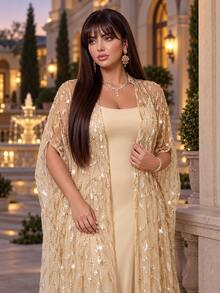 Auveirra Plus Size Elegant Party Sequin Embroidered Mesh Long Robe Dress 2 Pieces Set Elegant Long Party Dress Wedding Guest Dress Luxury Evening Dresses - Gold - View 8