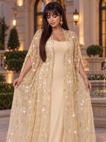 Auveirra Plus Size Elegant Party Sequin Embroidered Mesh Long Robe Dress 2 Pieces Set Elegant Long Party Dress Wedding Guest Dress Luxury Evening Dresses - Gold - View 7