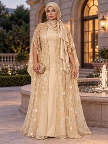 Auveirra Plus Size Elegant Party Sequin Embroidered Mesh Long Robe Dress 2 Pieces Set Elegant Long Party Dress Wedding Guest Dress Luxury Evening Dresses - Gold - View 2