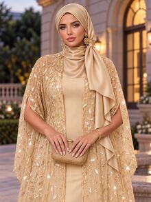 Auveirra Plus Size Elegant Party Sequin Embroidered Mesh Long Robe Dress 2 Pieces Set Elegant Long Party Dress Wedding Guest Dress Luxury Evening Dresses - Gold - View 9