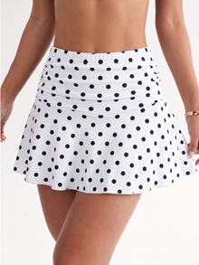 SHEIN Sovereign Charm Women's Fashion Black Polka Dot Ruched Athletic Mini Skirt - Black and White - View 4