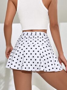 SHEIN Sovereign Charm Women's Fashion Black Polka Dot Ruched Athletic Mini Skirt - Black and White - View 2