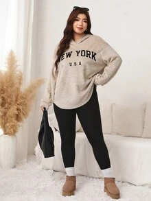 Easowa Curve Women Plus Size Hooded Letter Print Kindness & Black Pants Two Pieces Set Winter - Multicolor - View 5