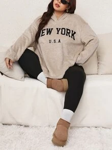 Easowa Curve Women Plus Size Hooded Letter Print Kindness & Black Pants Two Pieces Set Winter - Multicolor - View 3