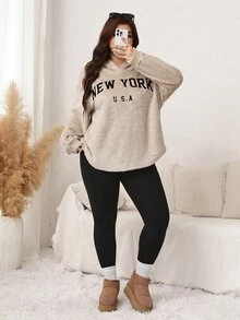 Easowa Curve Women Plus Size Hooded Letter Print Kindness & Black Pants Two Pieces Set Winter - Multicolor - View 7
