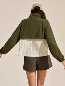 Exploreva Exploreva Jaket Outdoor Wanita Lengan Panjang Raglan Warna Kontras, Cocok untuk Berkemah, Warna Hijau Tua, Musim Gugur, dan Tropis - Hijau - View 8