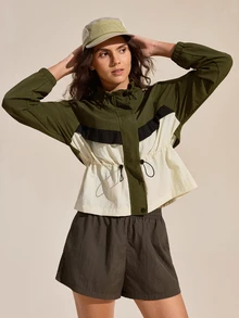 Exploreva Exploreva Jaket Outdoor Wanita Lengan Panjang Raglan Warna Kontras, Cocok untuk Berkemah, Warna Hijau Tua, Musim Gugur, dan Tropis - Hijau - View 7