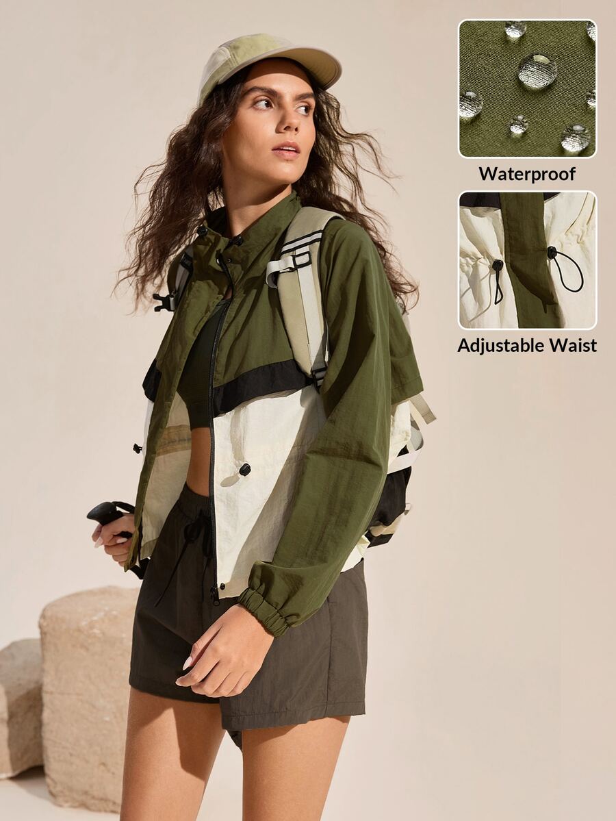 Exploreva Exploreva Jaket Outdoor Wanita Lengan Panjang Raglan Warna Kontras, Cocok untuk Berkemah, Warna Hijau Tua, Musim Gugur, dan Tropis - Hijau - View 1