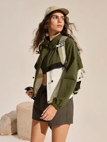 Exploreva Exploreva Jaket Outdoor Wanita Lengan Panjang Raglan Warna Kontras, Cocok untuk Berkemah, Warna Hijau Tua, Musim Gugur, dan Tropis - Hijau - View 9