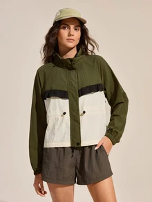 Exploreva Exploreva Jaket Outdoor Wanita Lengan Panjang Raglan Warna Kontras, Cocok untuk Berkemah, Warna Hijau Tua, Musim Gugur, dan Tropis - Hijau - View 6