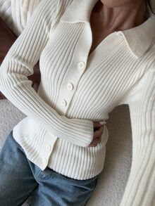 SHEIN Cardigan Rajut Wanita Minimalis Serbaguna Warna Putih Slim Fit dengan Kerah - Putih - View 4
