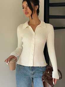 SHEIN Cardigan Rajut Wanita Minimalis Serbaguna Warna Putih Slim Fit dengan Kerah - Putih - View 2