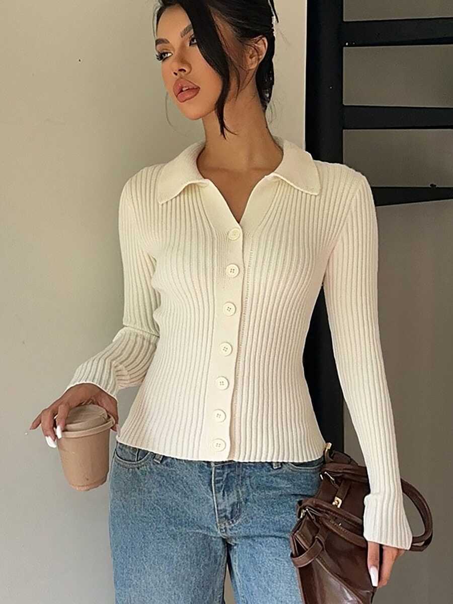 SHEIN Cardigan Rajut Wanita Minimalis Serbaguna Warna Putih Slim Fit dengan Kerah