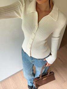 SHEIN Cardigan Rajut Wanita Minimalis Serbaguna Warna Putih Slim Fit dengan Kerah - Putih - View 8