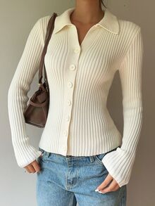 SHEIN Cardigan Rajut Wanita Minimalis Serbaguna Warna Putih Slim Fit dengan Kerah - Putih - View 6