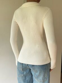 SHEIN Cardigan Rajut Wanita Minimalis Serbaguna Warna Putih Slim Fit dengan Kerah - Putih - View 3