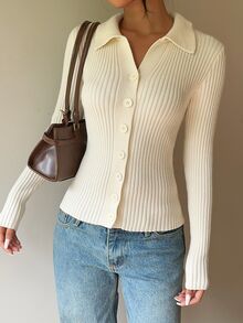 SHEIN Cardigan Rajut Wanita Minimalis Serbaguna Warna Putih Slim Fit dengan Kerah - Putih - View 7