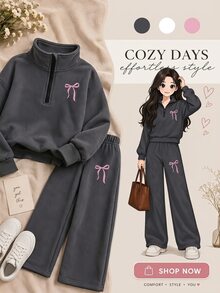 SHEIN 2件組 青少年女孩休閒可愛運動時尚街頭風 POLO 拉鍊半高領運動衫＋寬腿褲套裝 校園生日穿搭 灰色 秋冬 - 灰色 - 查看 4