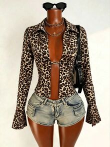 BamGleam Women's Leopard Print Long Sleeve Metal Buckle Placket Sexy Blouse - Multicolor - View 1