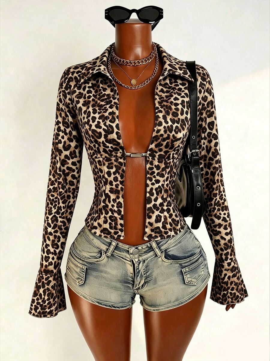 BamGleam Women's Leopard Print Long Sleeve Metal Buckle Placket Sexy Blouse - Multicolor - View 1